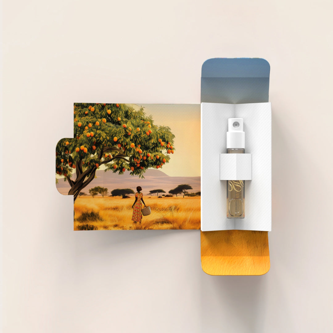 Opened twentysecondofmay gourmand perfume sample vial – niche fragrance tester of Roots of Kente showcasing special luxury design